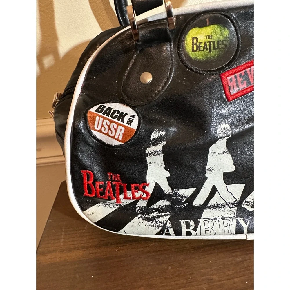 The Beatles Abbey Road Black Faux Leather Bowler Bag Satchel Rock Band Patches - Picture 2 of 11